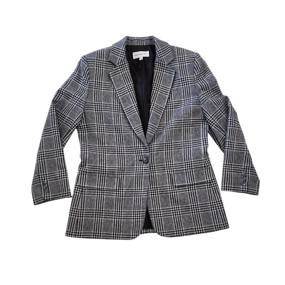 Vtg Bloomingdale's 100% Cashmere Black & White Plaid Womens Long Blazer, Size 10